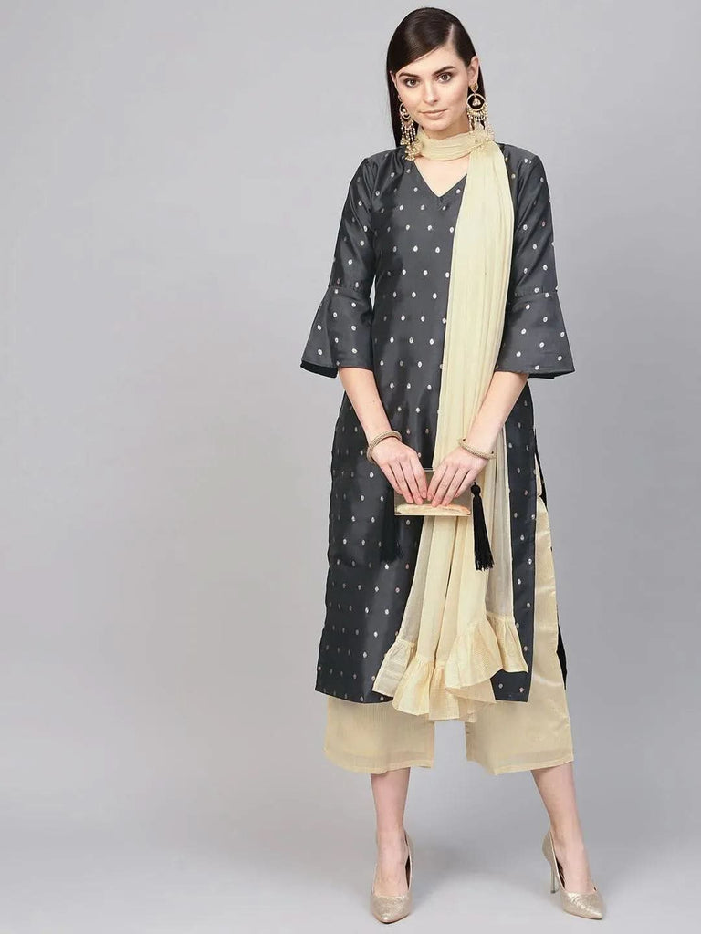 Libas Grey Embroidered Polyester Straight Kurta With Palazzos & Dupatta
