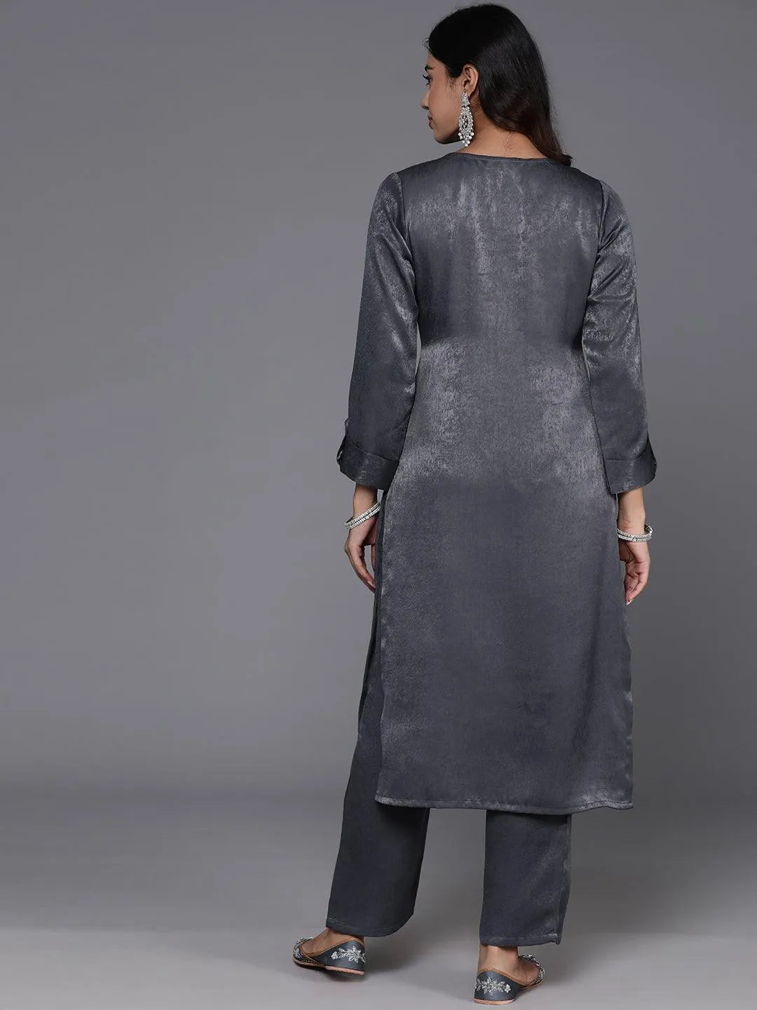 Grey Embroidered Polyester Straight Kurta With Trousers - Libas