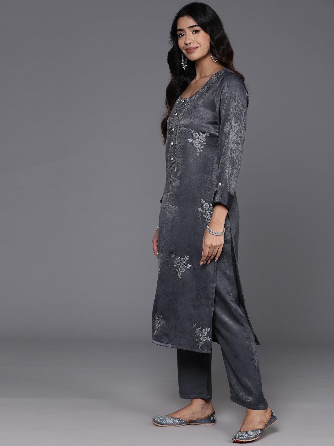 Grey Embroidered Polyester Straight Kurta With Trousers - Libas