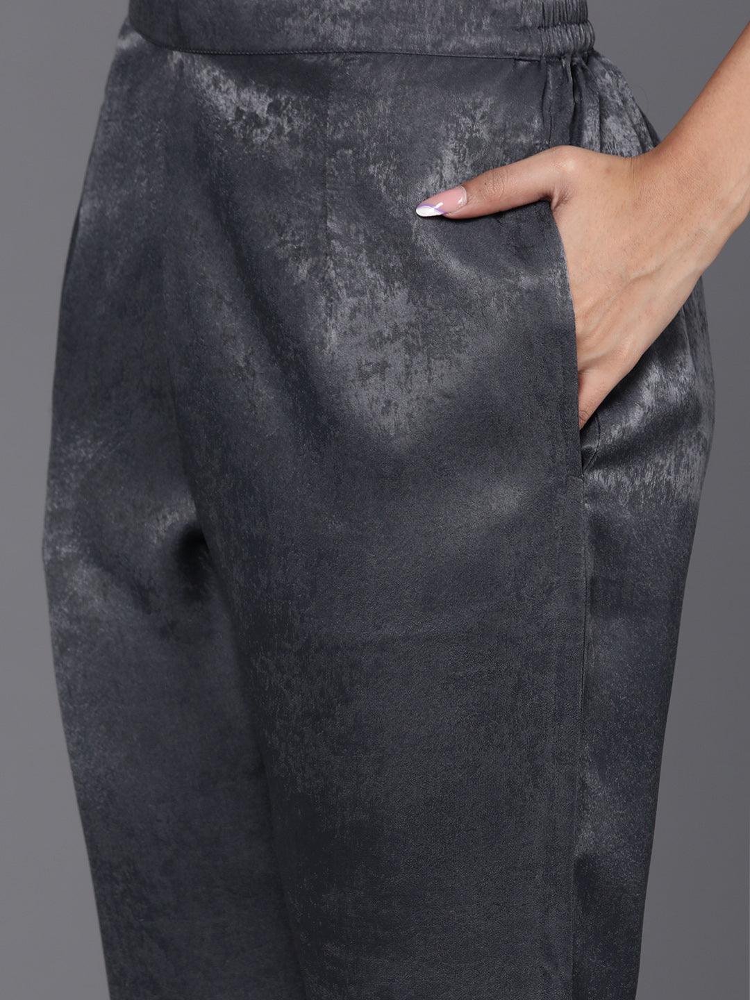 Grey Embroidered Polyester Straight Kurta Set