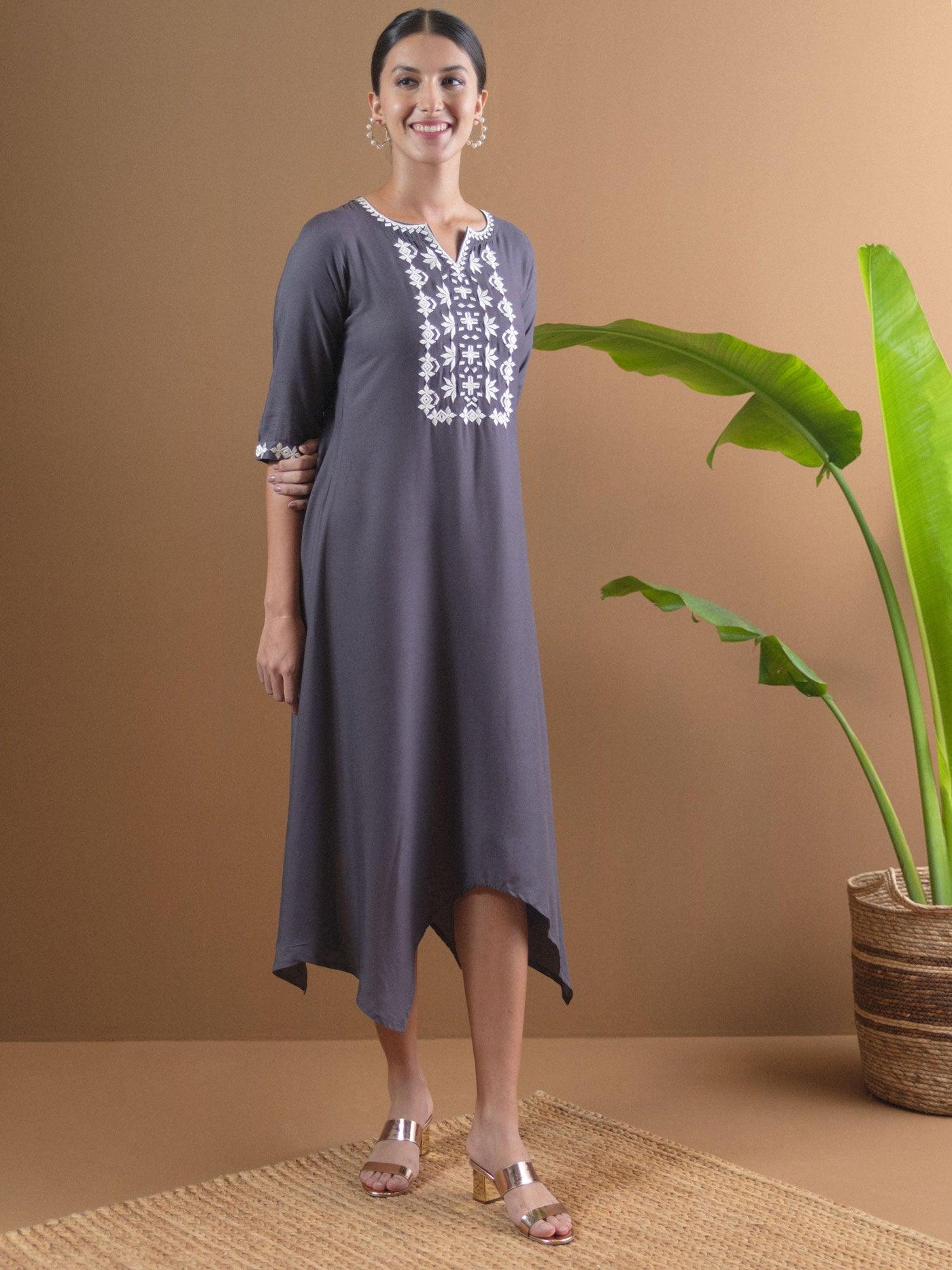 Grey Embroidered Rayon Dress - Libas