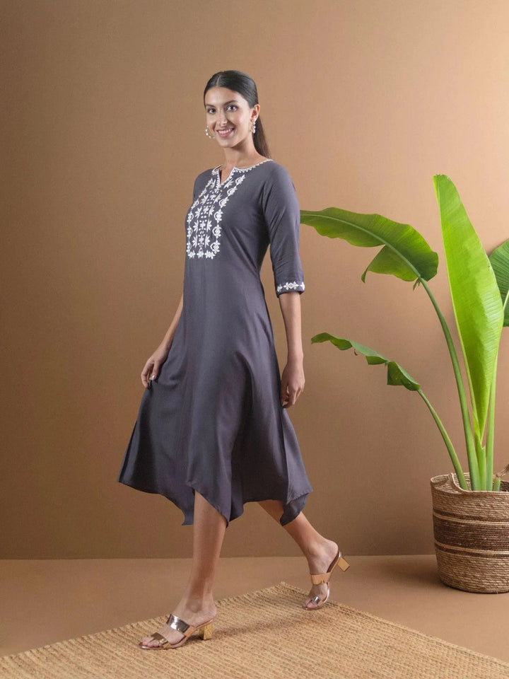 Grey Embroidered Rayon Dress - Libas