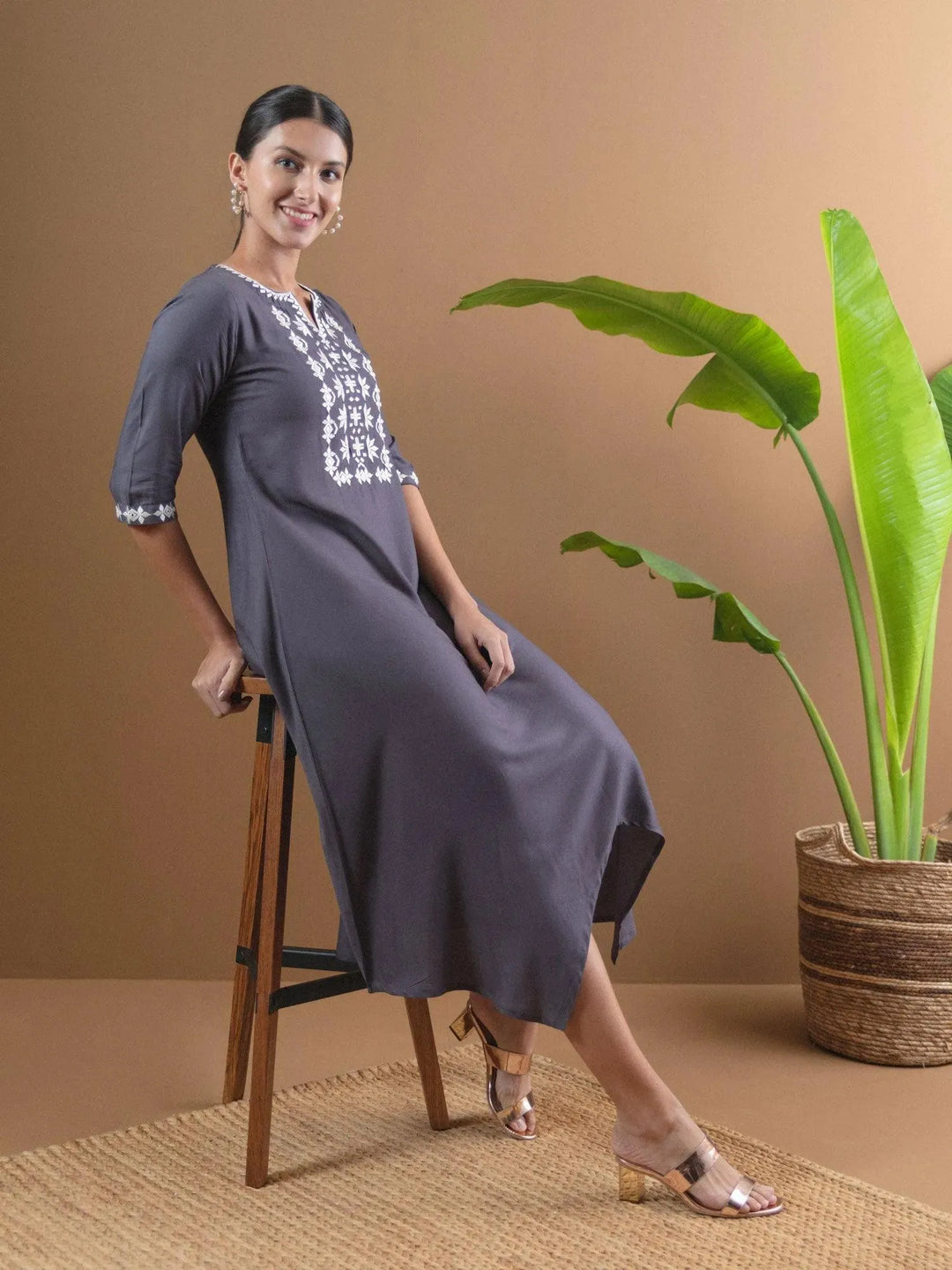 Grey Embroidered Rayon Dress - Libas