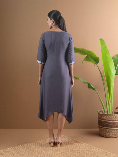 Grey Embroidered Rayon Dress - Libas