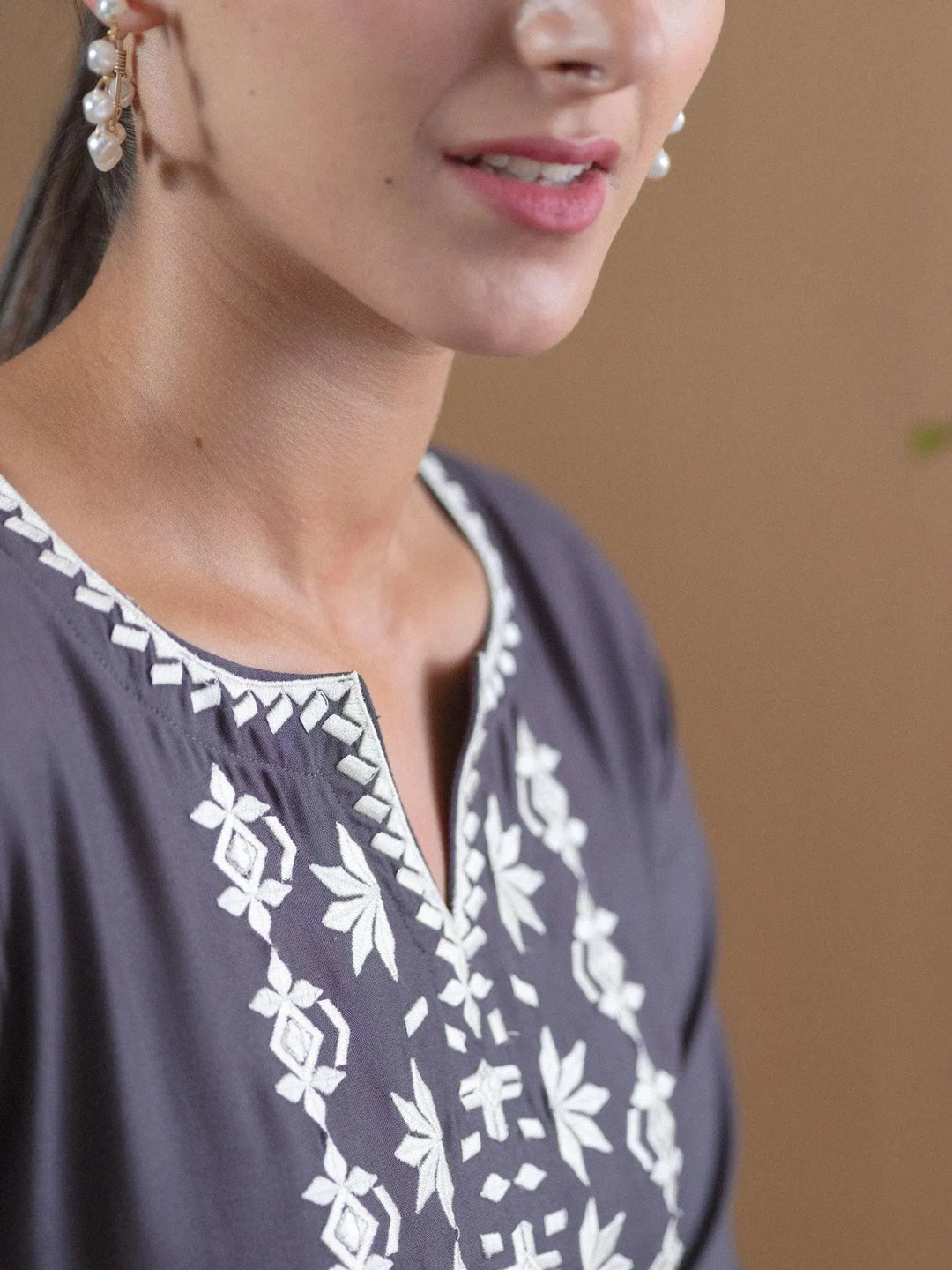 Grey Embroidered Rayon Dress - Libas 