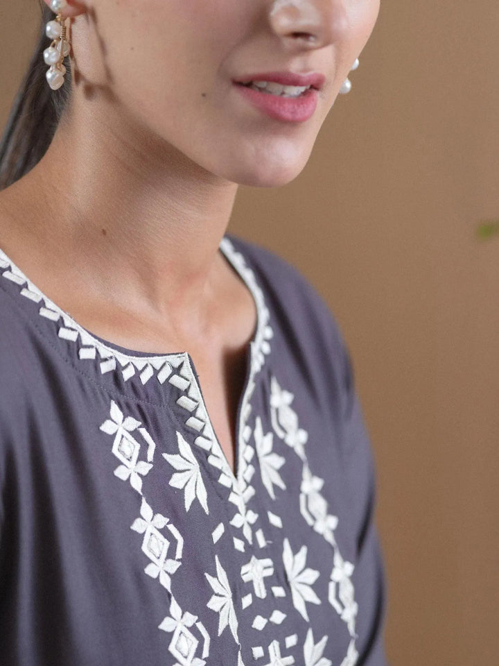 Grey Embroidered Rayon Dress - Libas