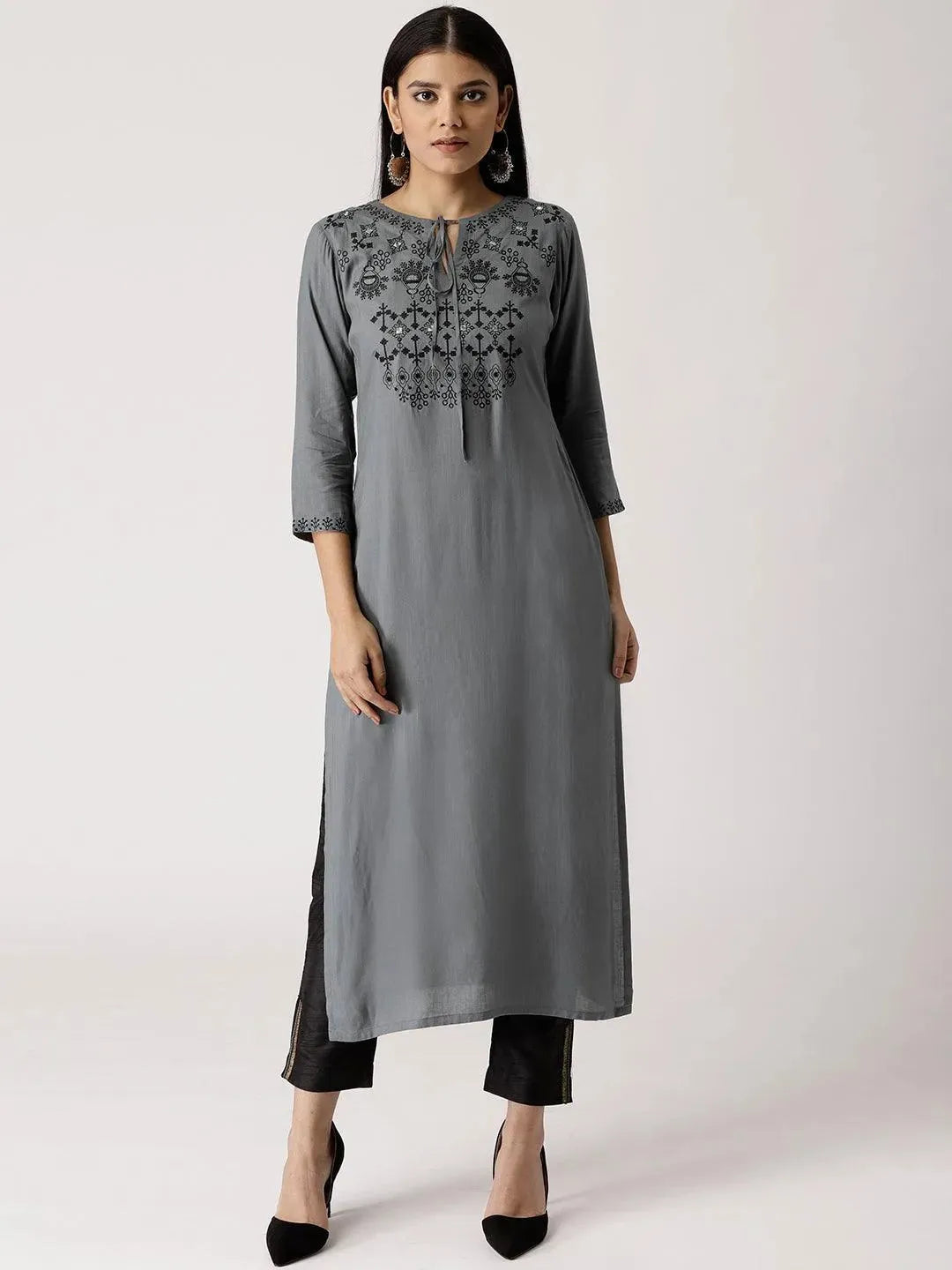 Grey Embroidered Rayon Kurta - Libas 
