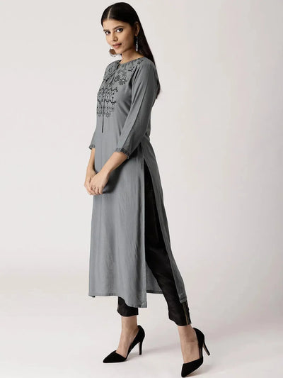 Grey Embroidered Rayon Kurta - Libas