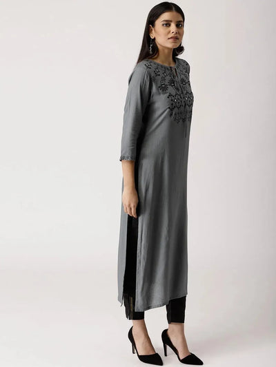 Grey Embroidered Rayon Kurta - Libas