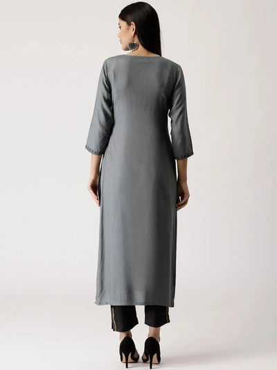 Grey Embroidered Rayon Kurta - Libas