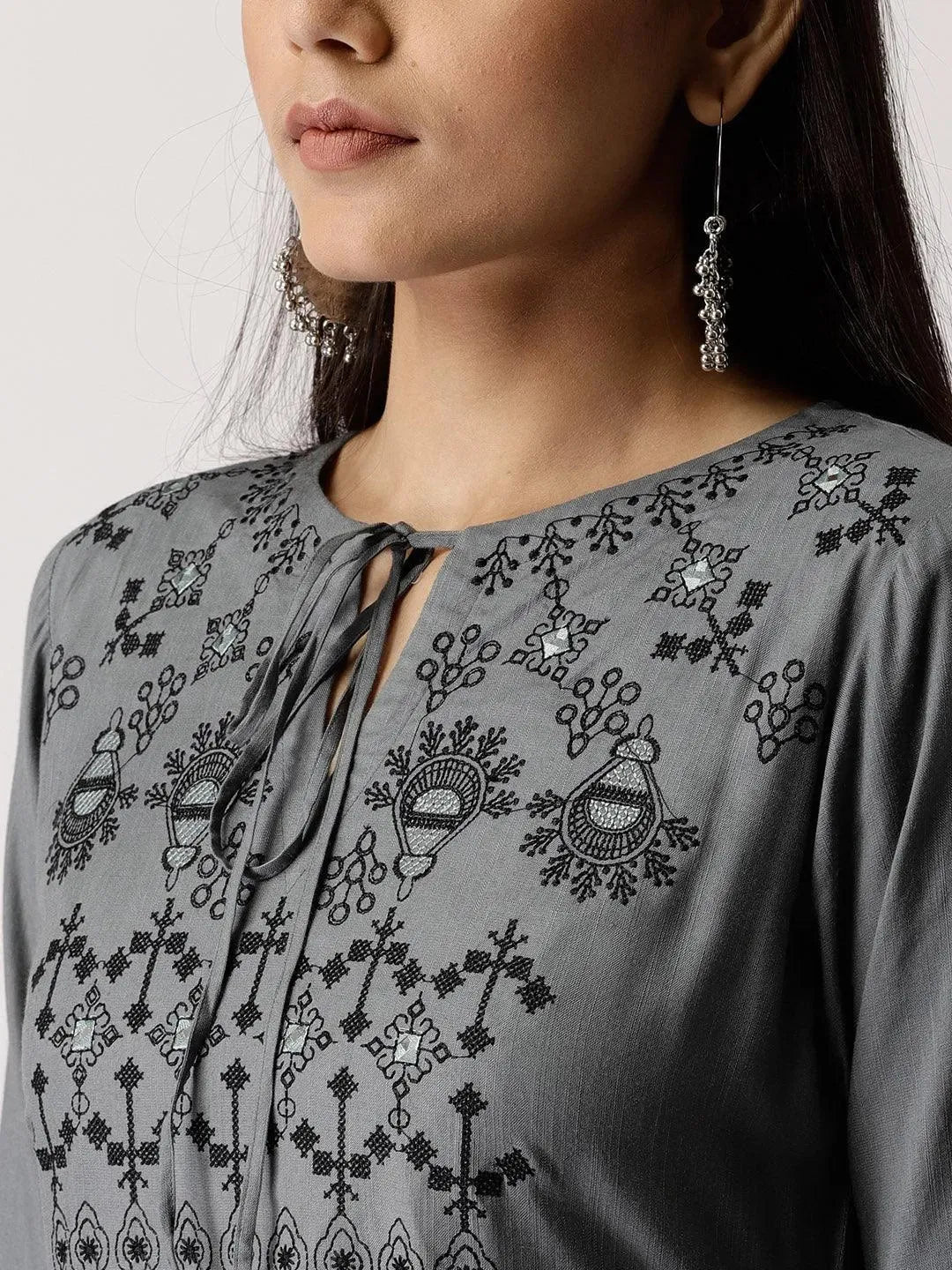 Grey Embroidered Rayon Kurta - Libas