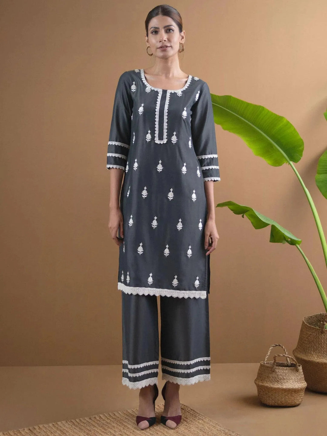Grey Embroidered Shantoon Kurta Set - Libas