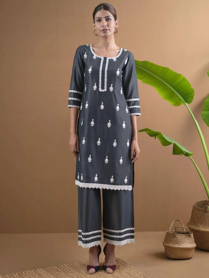 Grey Embroidered Shantoon Kurta Set - Libas