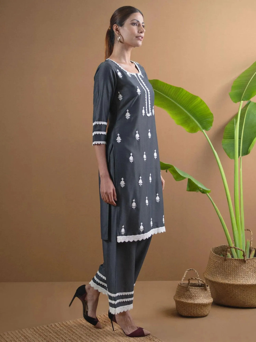 Grey Embroidered Shantoon Kurta Set - Libas 