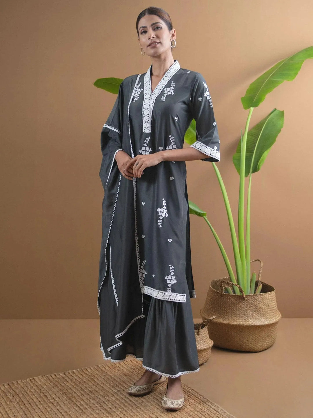 Grey Embroidered Shantoon Suit Set - Libas