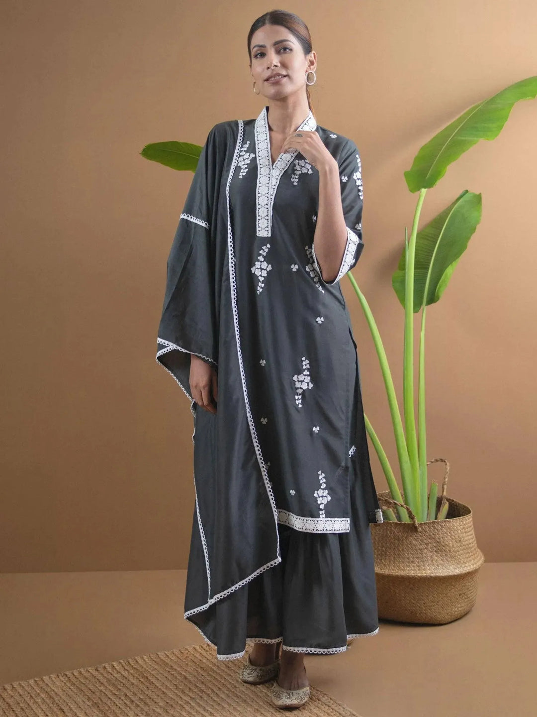 Grey Embroidered Shantoon Suit Set - Libas