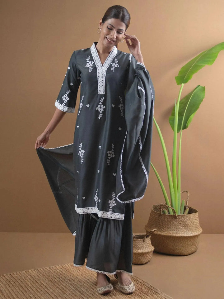 Grey Embroidered Shantoon Suit Set - Libas