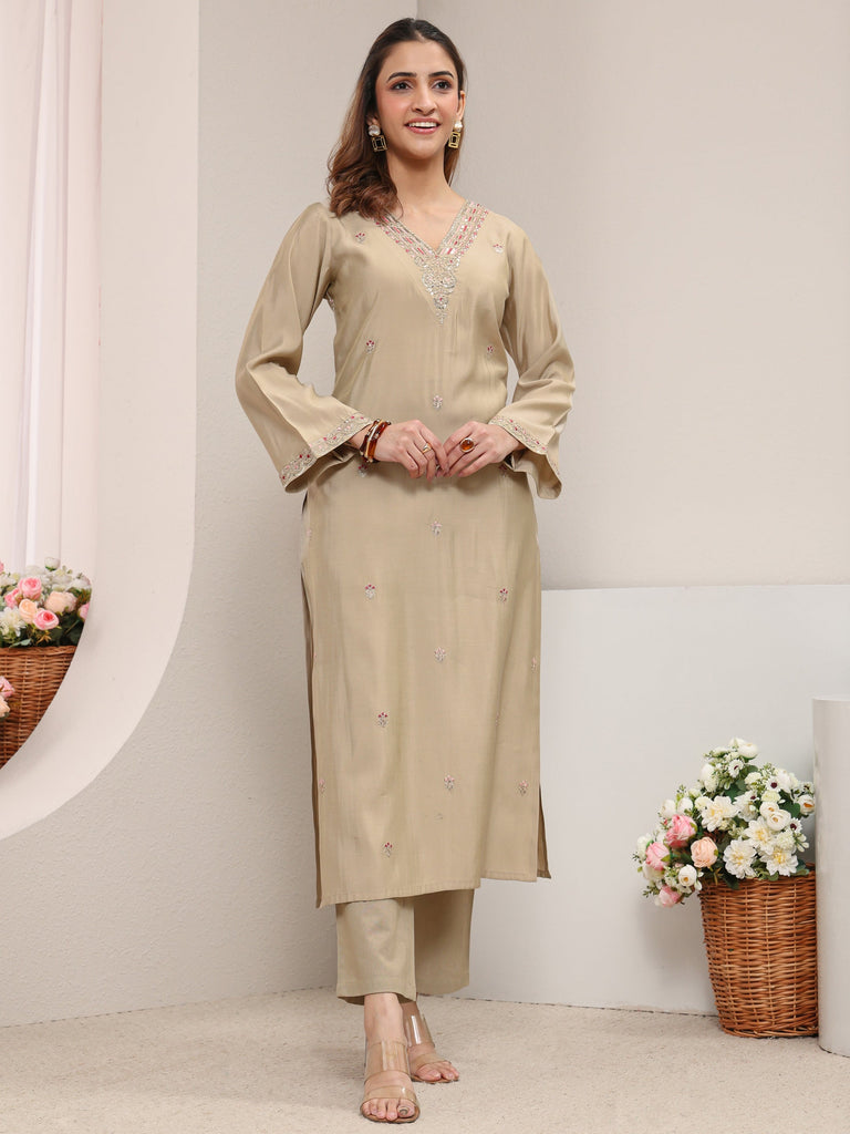 Libas Grey Embroidered Silk Blend Straight Kurta