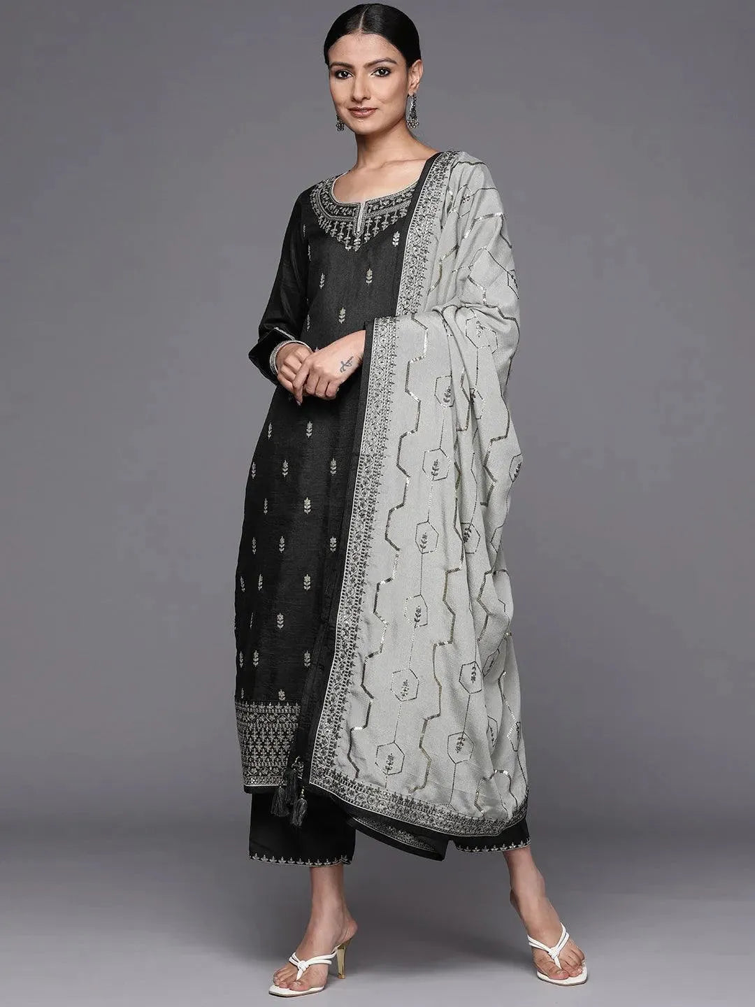 Grey Embroidered Silk Blend Straight Suit Set - Libas 