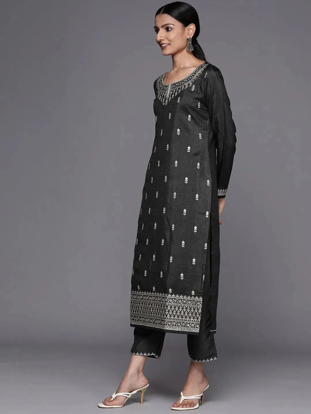 Grey Embroidered Silk Blend Straight Suit Set - Libas 