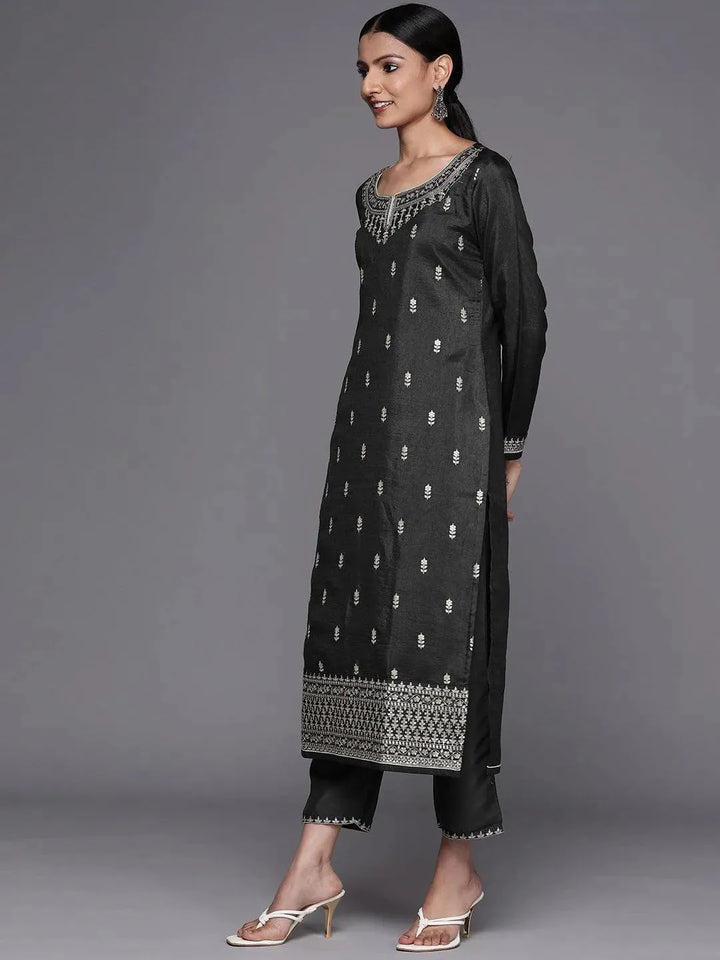 Grey Embroidered Silk Blend Straight Suit Set - Libas