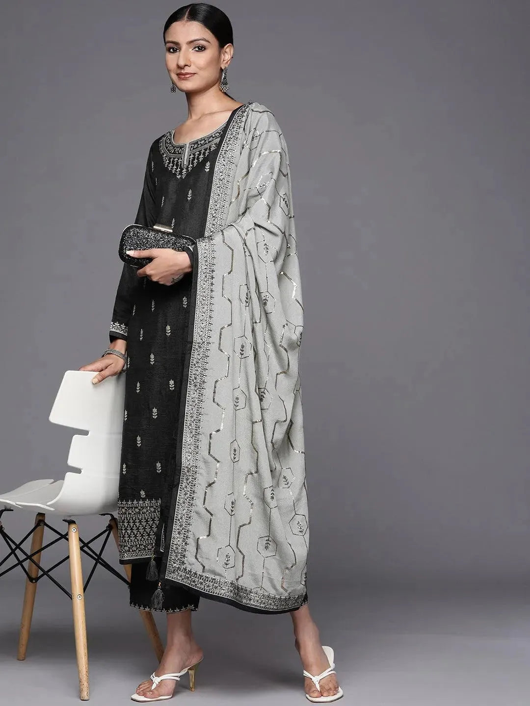 Grey Embroidered Silk Blend Straight Suit Set - Libas 