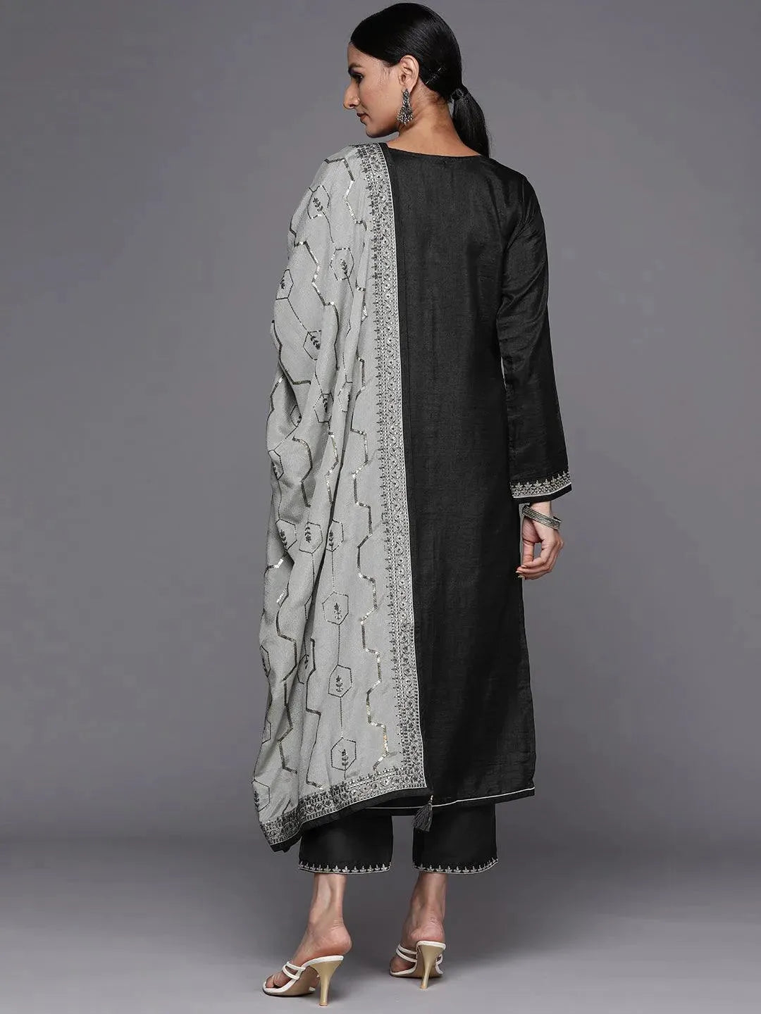 Grey Embroidered Silk Blend Straight Suit Set - Libas 
