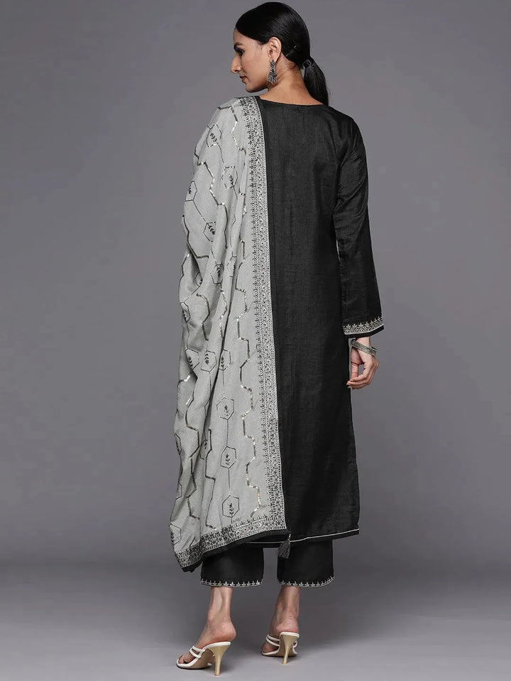 Grey Embroidered Silk Blend Straight Suit Set - Libas