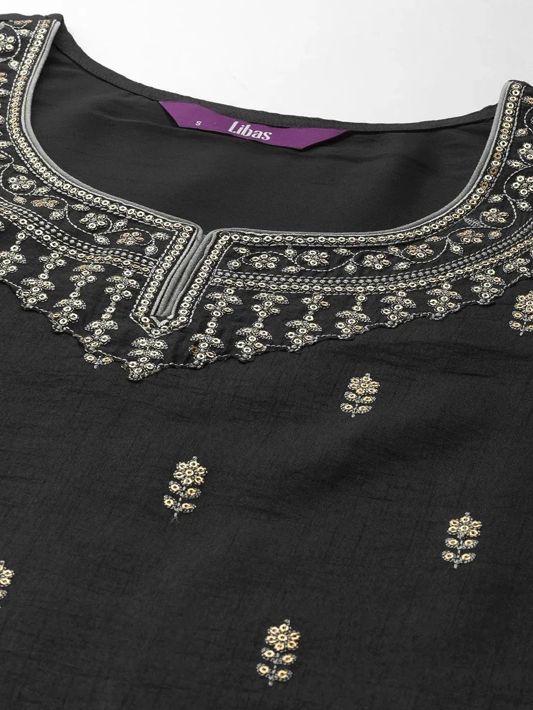Grey Embroidered Silk Blend Straight Suit Set - Libas 