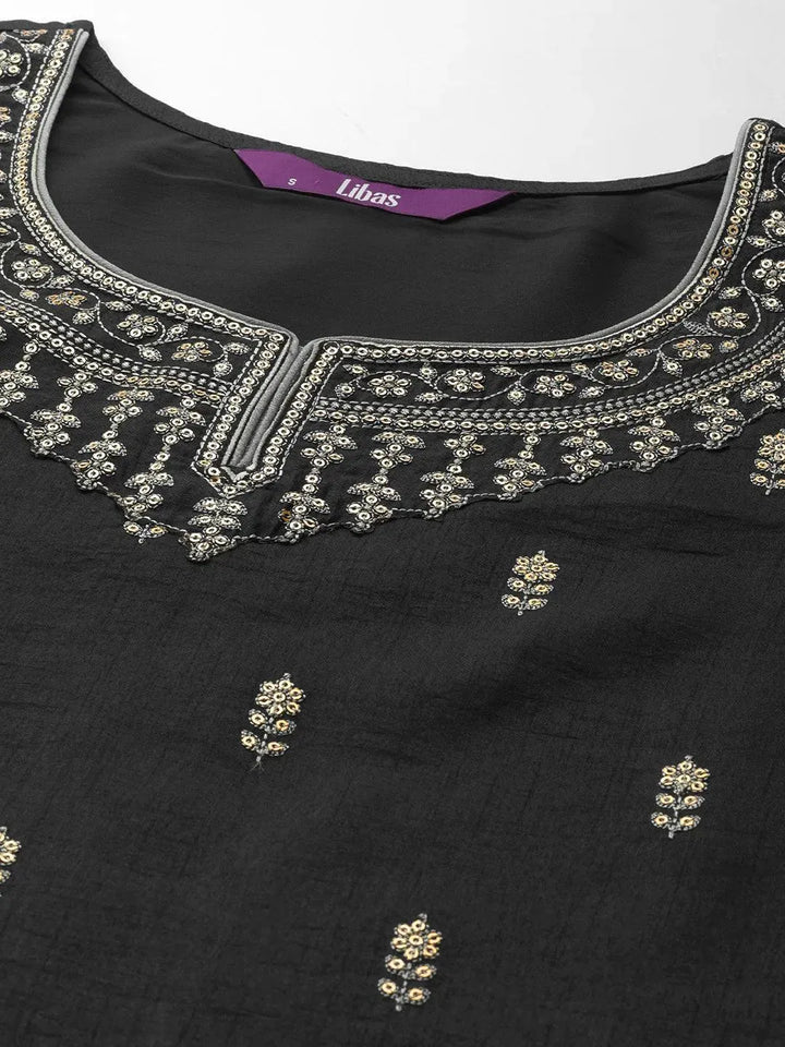 Grey Embroidered Silk Blend Straight Suit Set - Libas