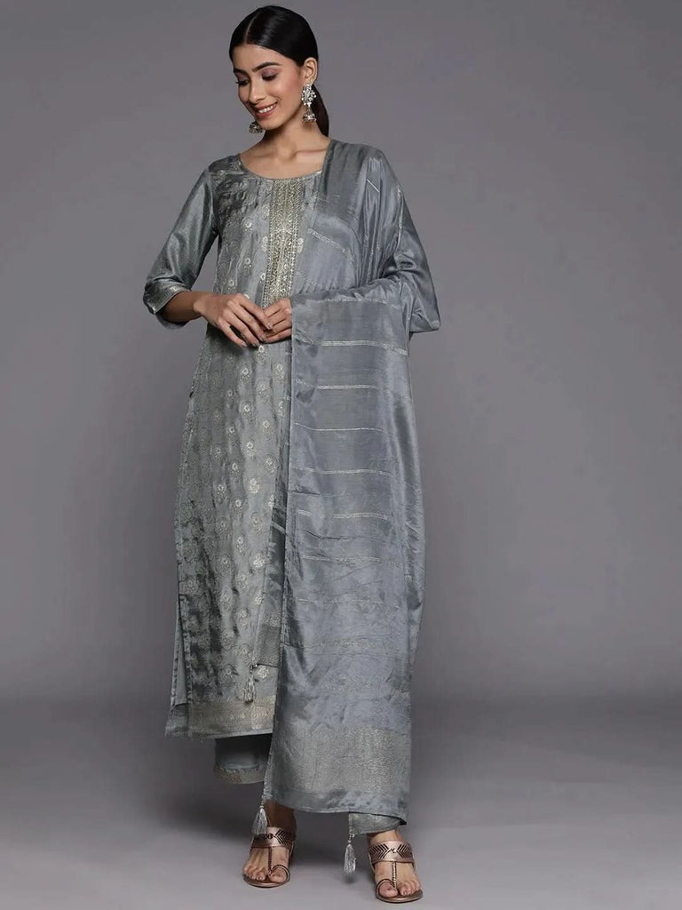Gerua Grey Embroidered Silk Blend Straight Kurta With Trousers & Dupatta