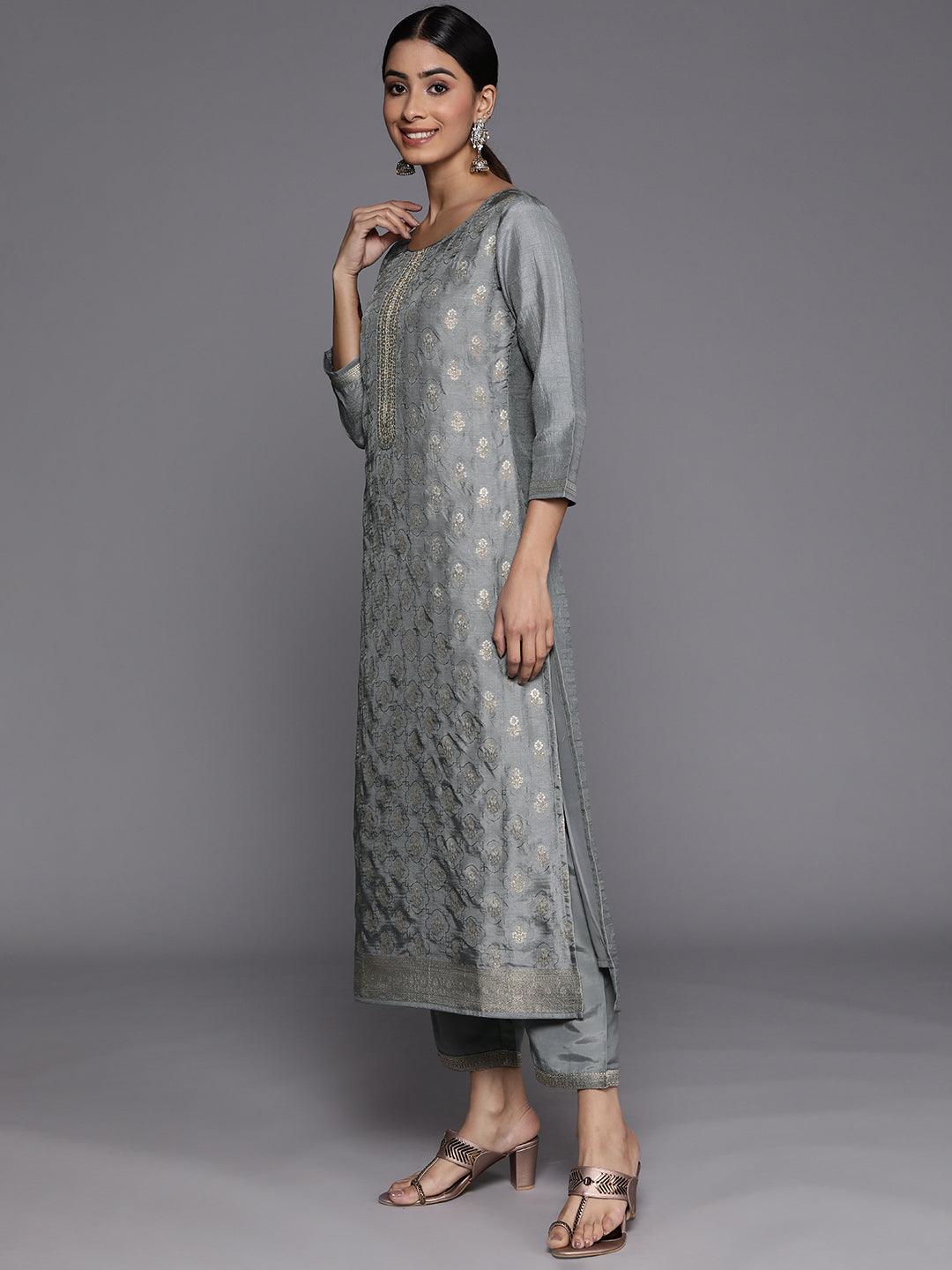 Grey Embroidered Silk Blend Straight Kurta With Trousers & Dupatta