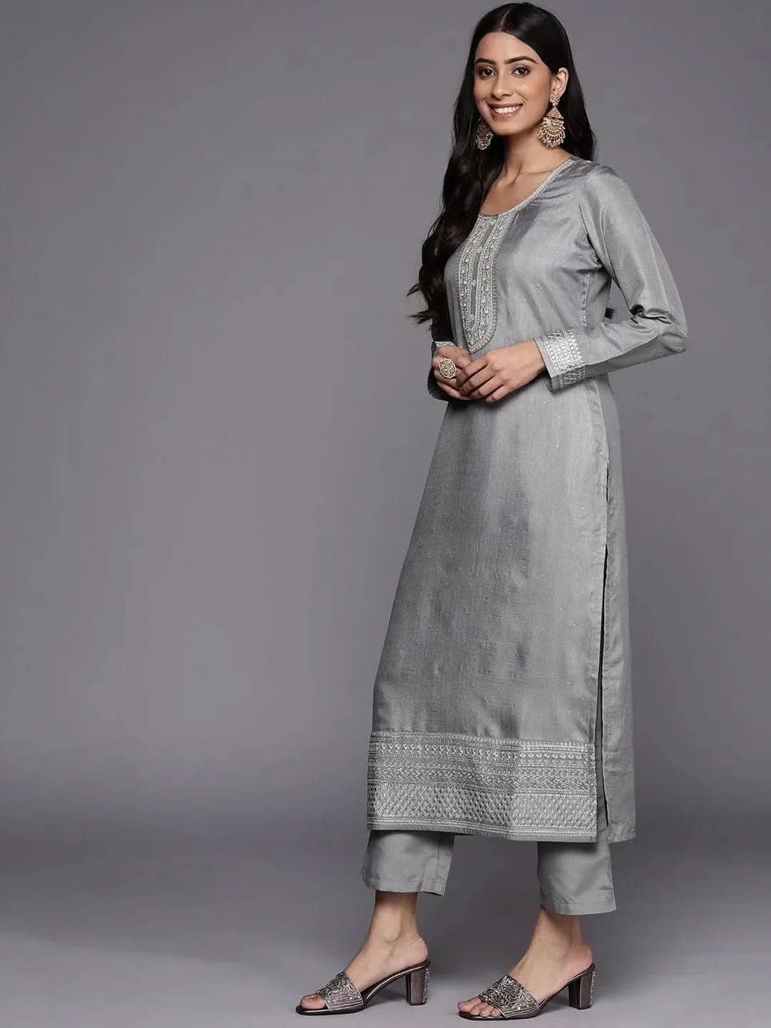 

Grey Embroidered Silk Blend Straight Kurta With Trousers & Dupatta