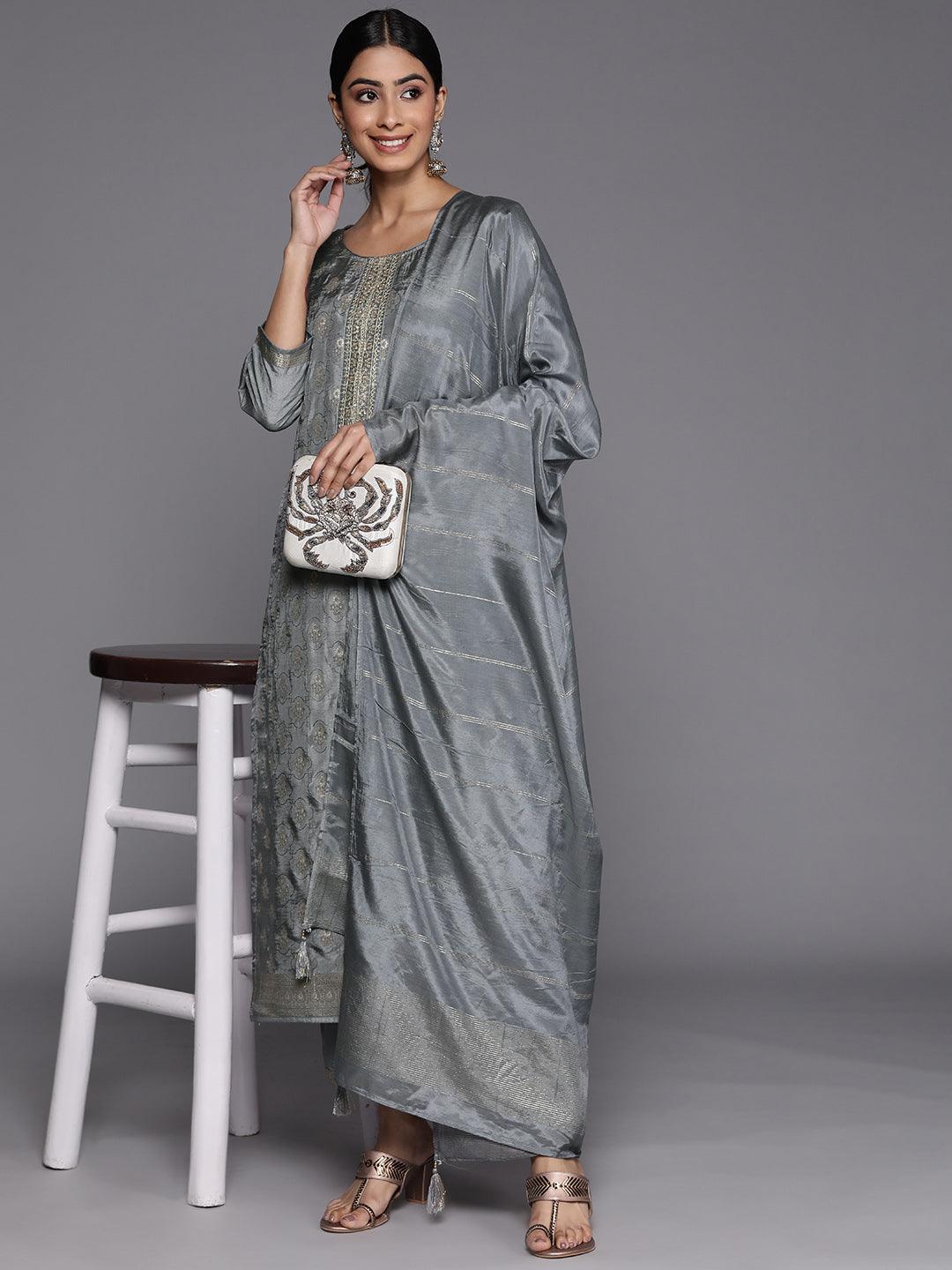 Grey Embroidered Silk Blend Suit Set With Trousers - Libas