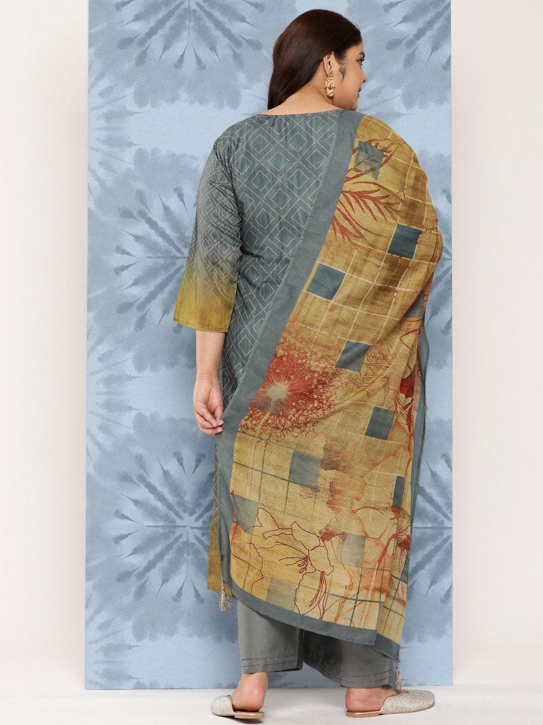 Grey Embroidered Silk Blend Straight Kurta With Trousers and Dupatta - Libas