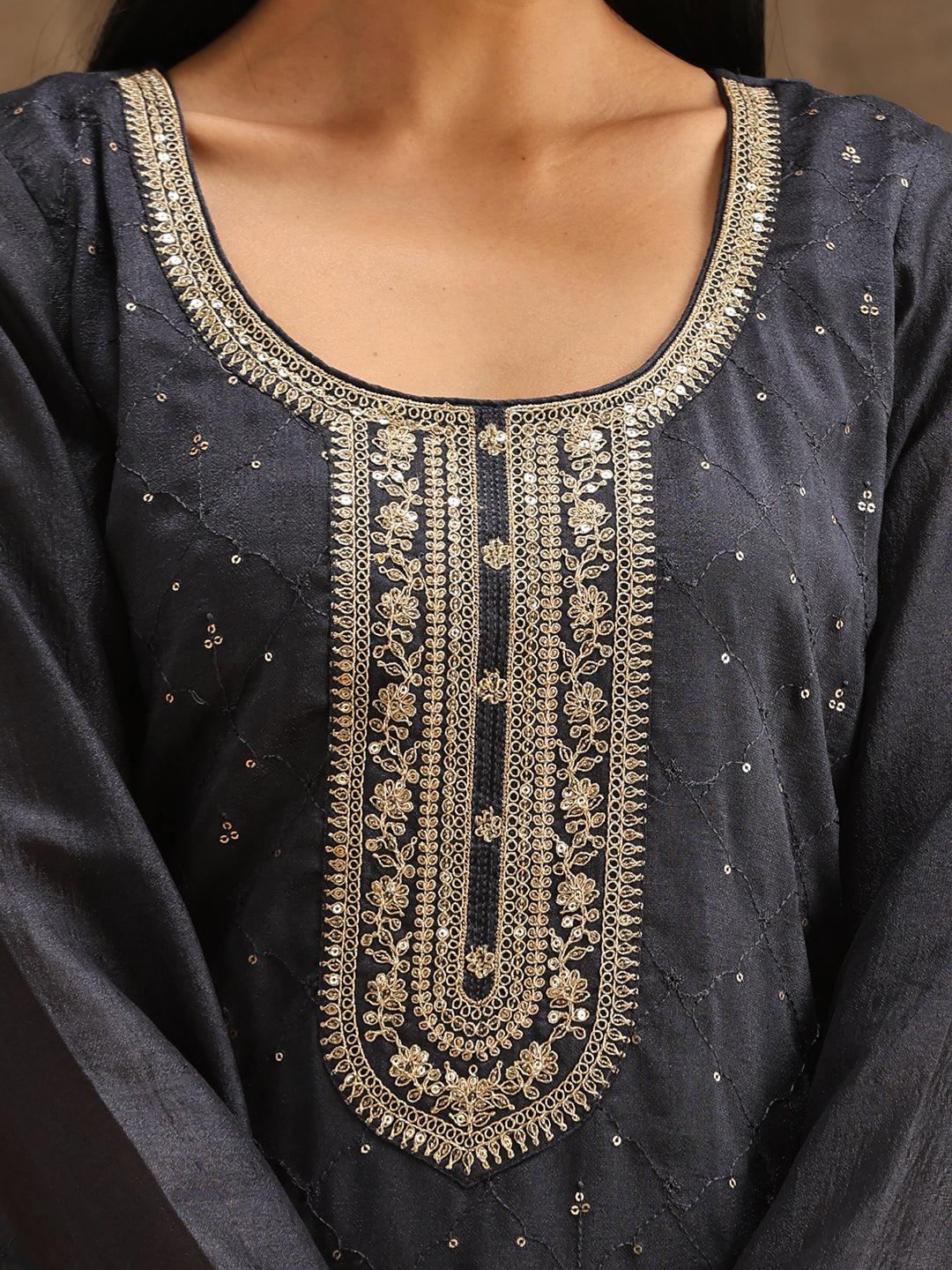 Grey Embroidered Silk Blend Suit Set With Trousers - Libas