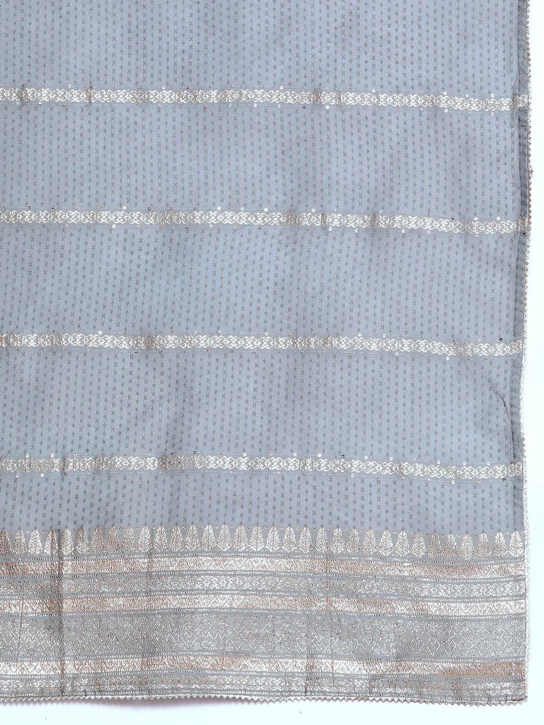 Grey Embroidered Silk Blend Straight Kurta With Trousers & Dupatta - Libas