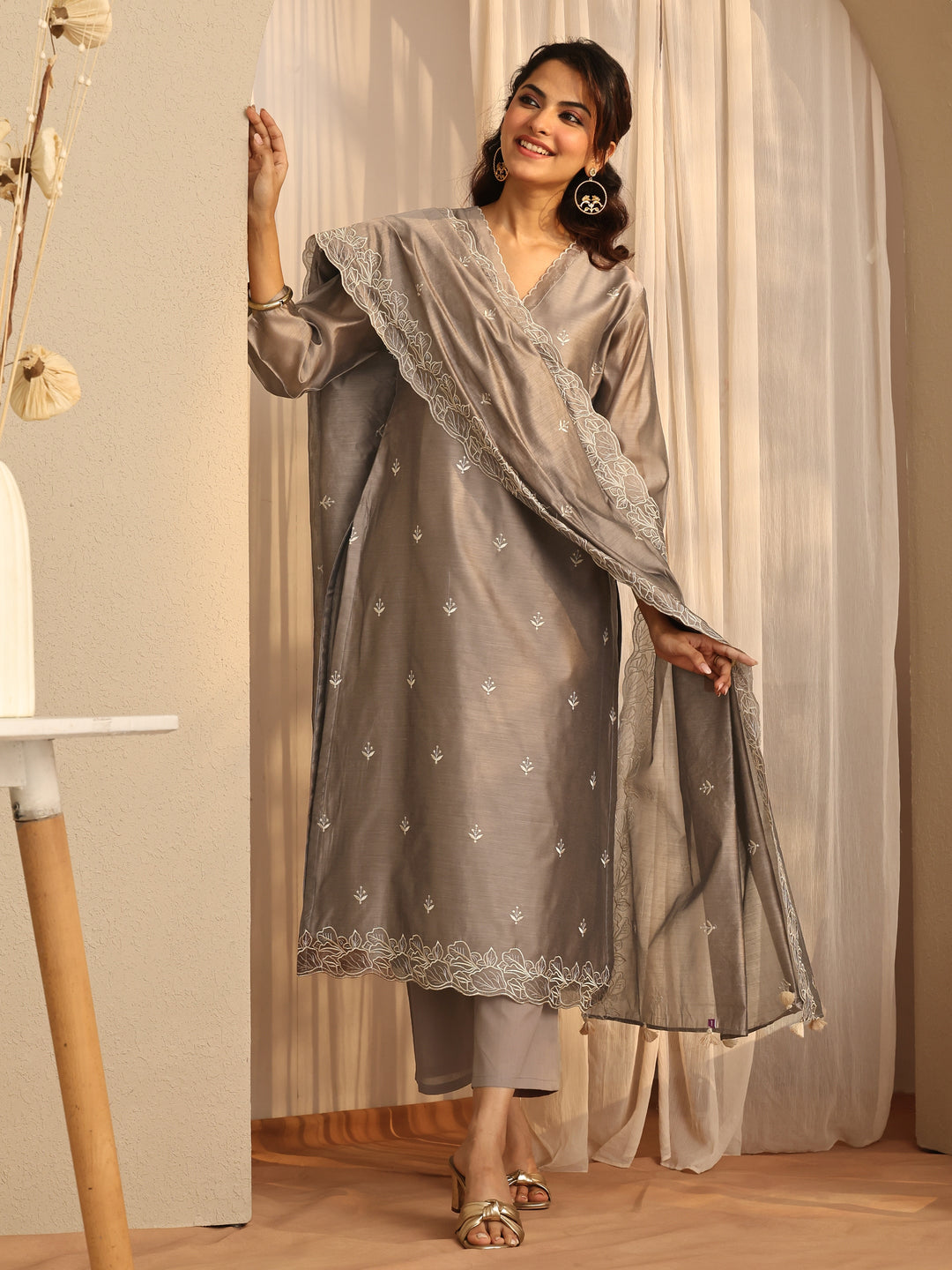  Grey Embroidered Silk Blend Straight Suit Set With Dupatta 