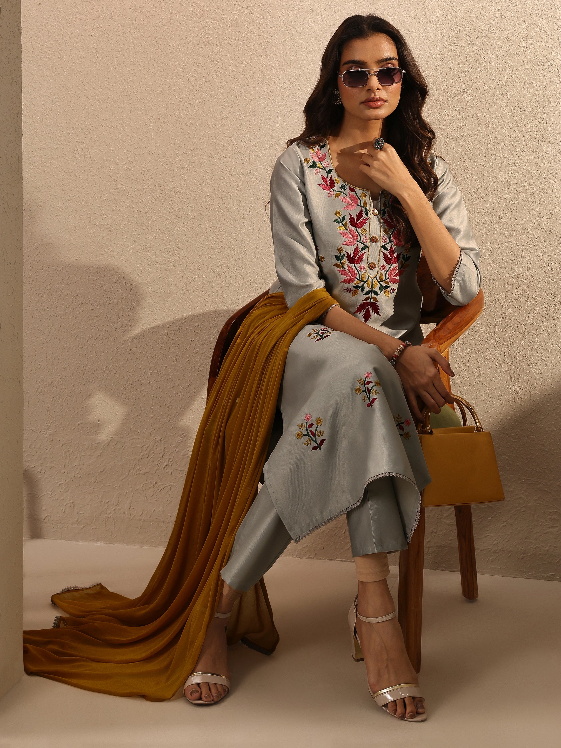 Grey Embroidered Silk Blend Straight Suit Set With Dupatta-image-33