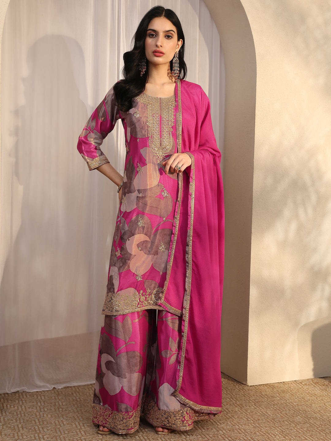Pink Printed Chinon Straight Suit Set With Dupatta