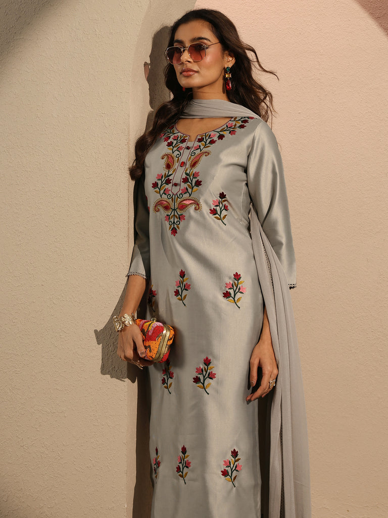 Libas Grey Embroidered Silk Blend Straight Suit Set With Dupatta