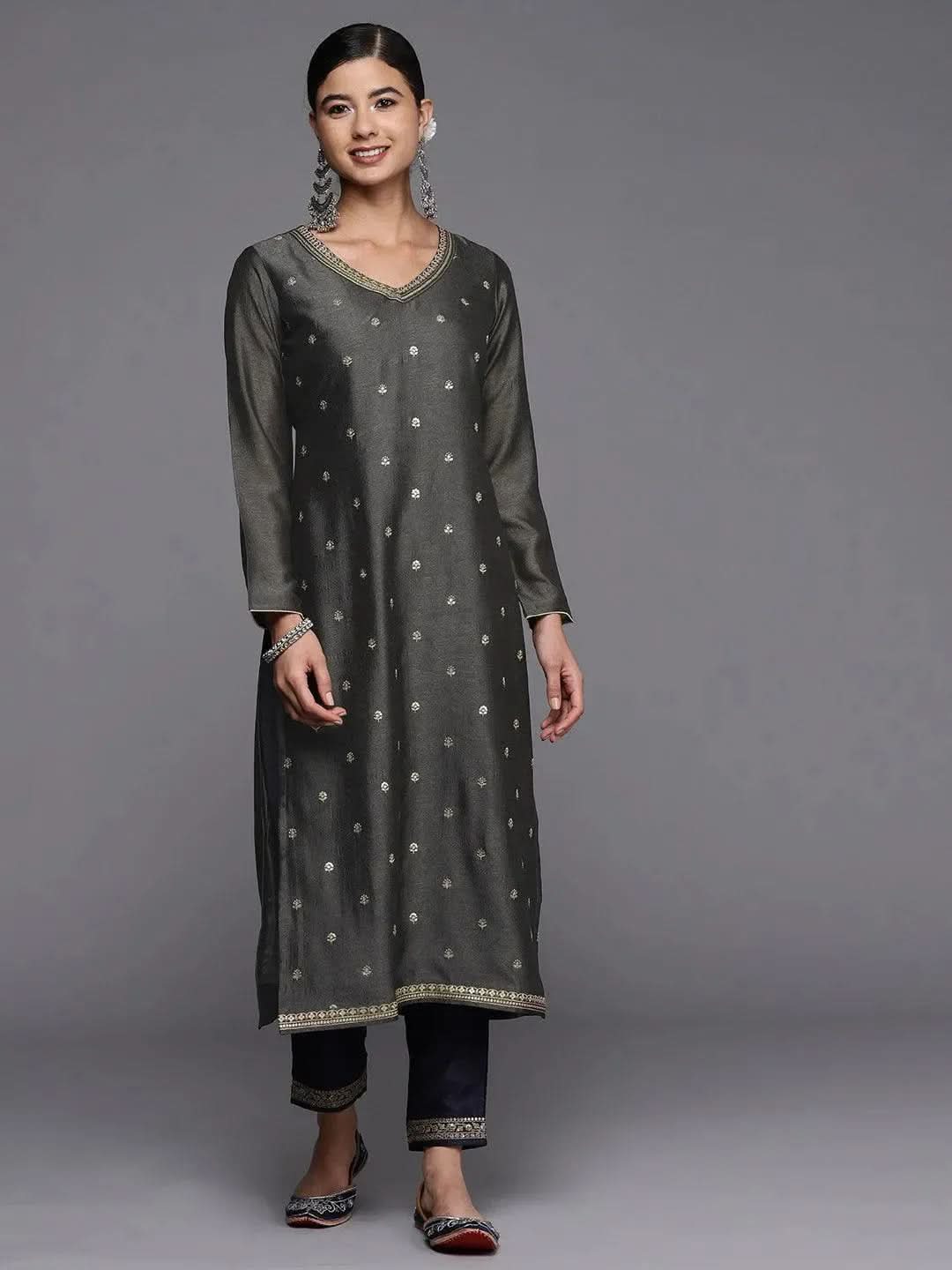 Grey Embroidered Silk Straight Kurta - Libas