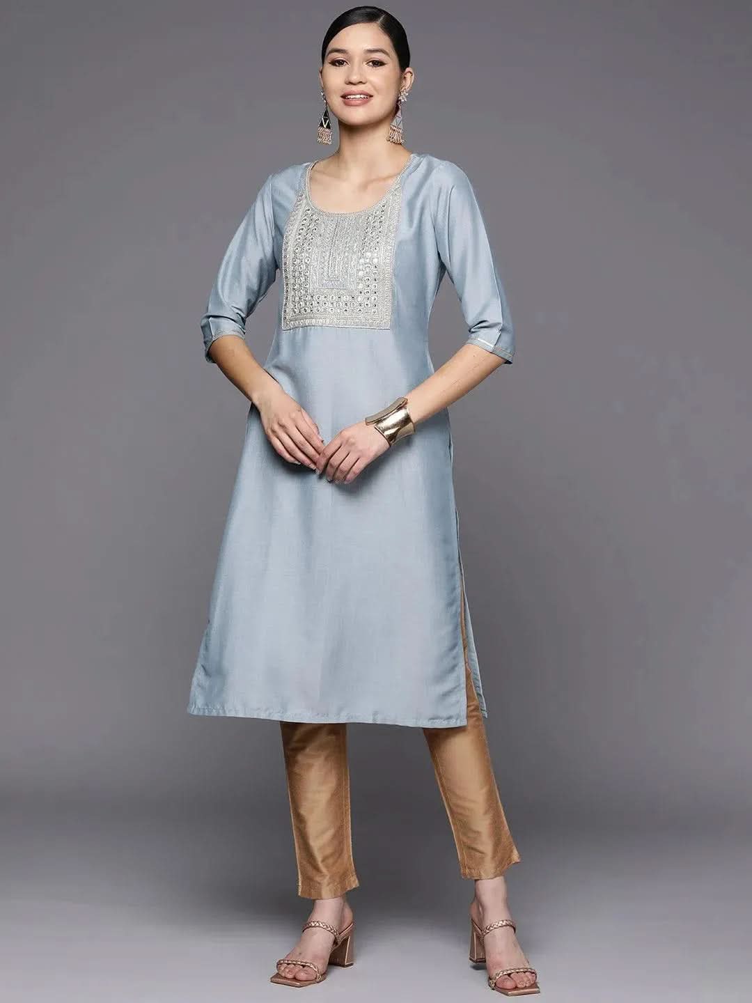 Grey Embroidered Silk Straight Kurta - Libas