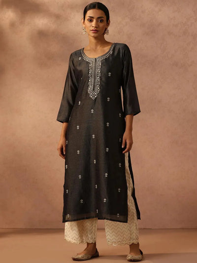 Grey Embroidered Silk Straight Kurta - Libas