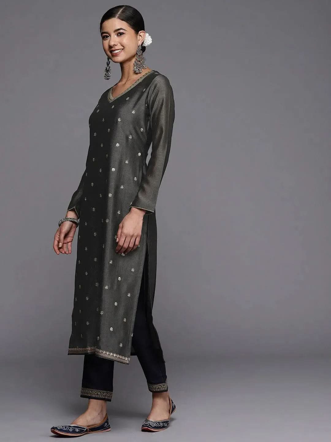 Grey Embroidered Silk Straight Kurta - Libas 