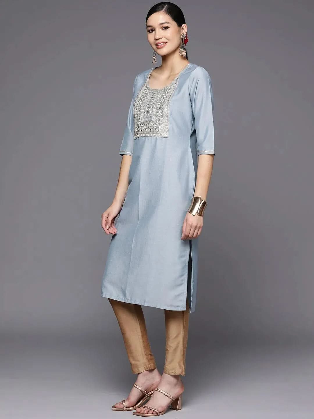 Grey Embroidered Silk Straight Kurta - Libas 