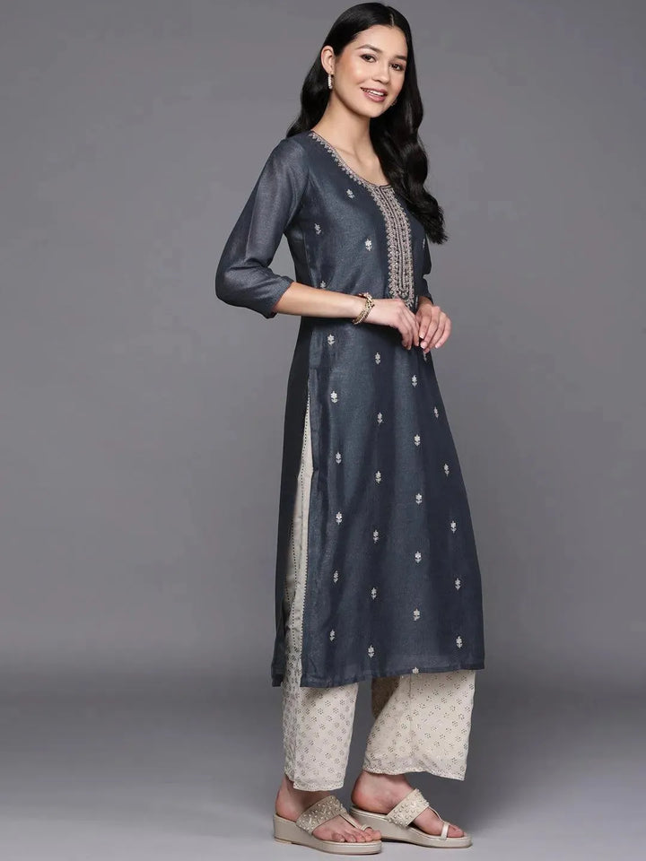 Grey Embroidered Silk Straight Kurta - Libas