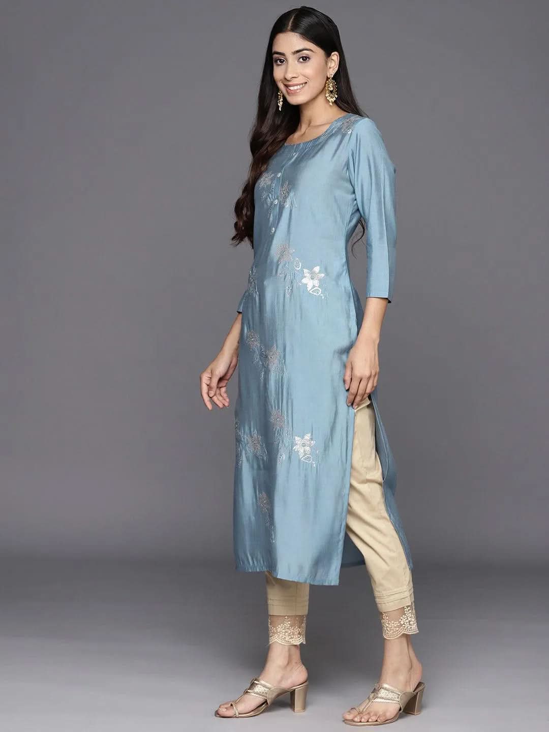 Grey Embroidered Silk Straight Kurta - Libas 