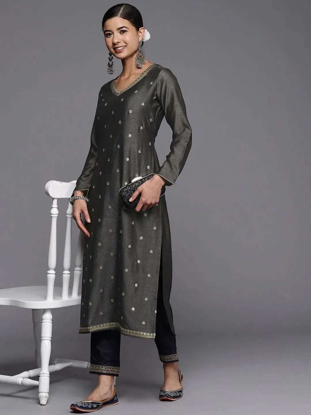 Grey Embroidered Silk Straight Kurta - Libas 