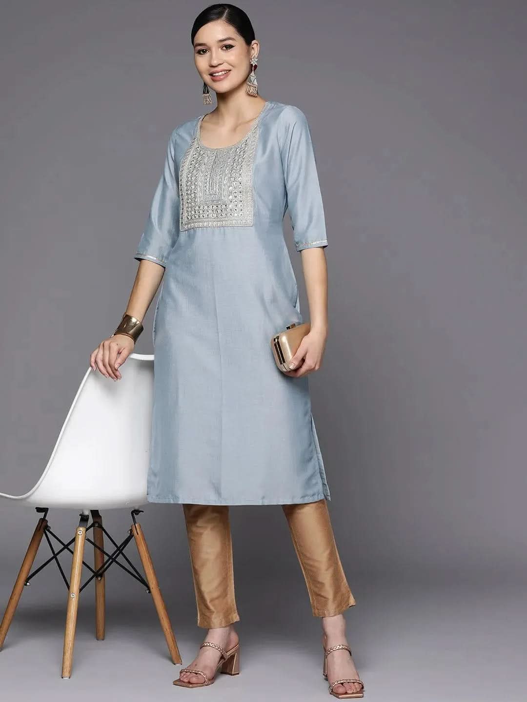 Grey Embroidered Silk Straight Kurta - Libas 